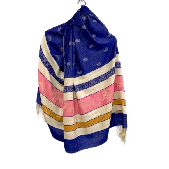 CHANG LAI CASHMERE THAI ELEPHANT PRINT PASHMINA PINK BLUE GOLD CREAM. - Picture 1 of 16